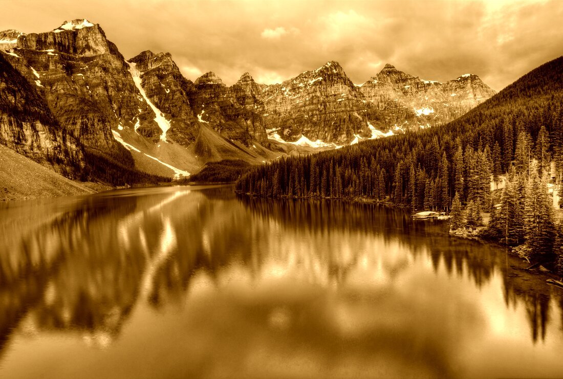 A landscape photo with a warm sepia filter applied