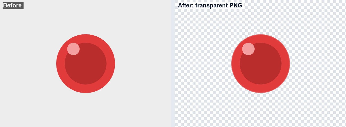 Before and after: a red subject on a flat grey background, then the same subject as a transparent PNG shown on a checkerboard