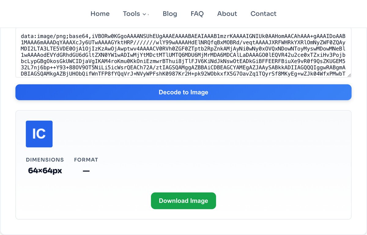 The Base64 to Image tool with a data URI pasted in and the decoded image shown with a download button