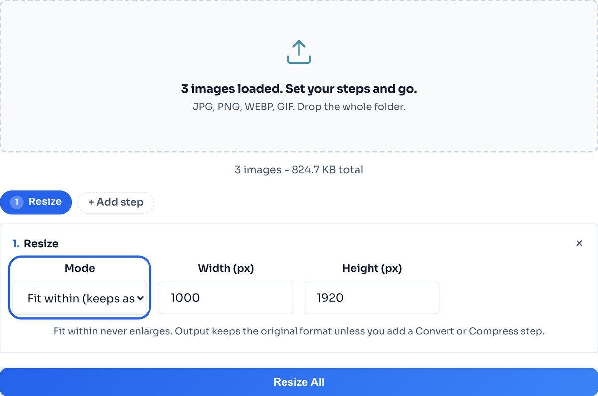 Fit within mode selected with a 1000 pixel width for the batch