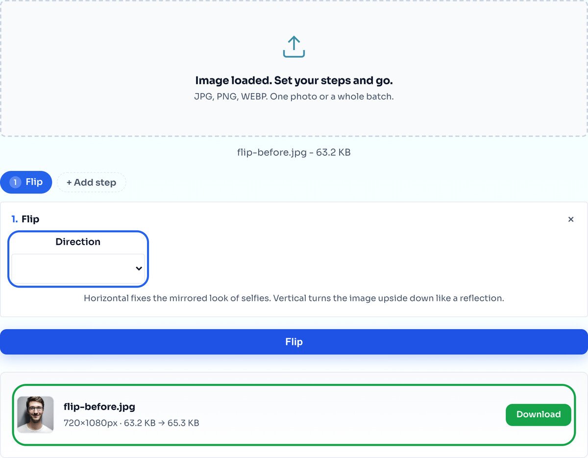 The result row showing the mirrored photo ready to download