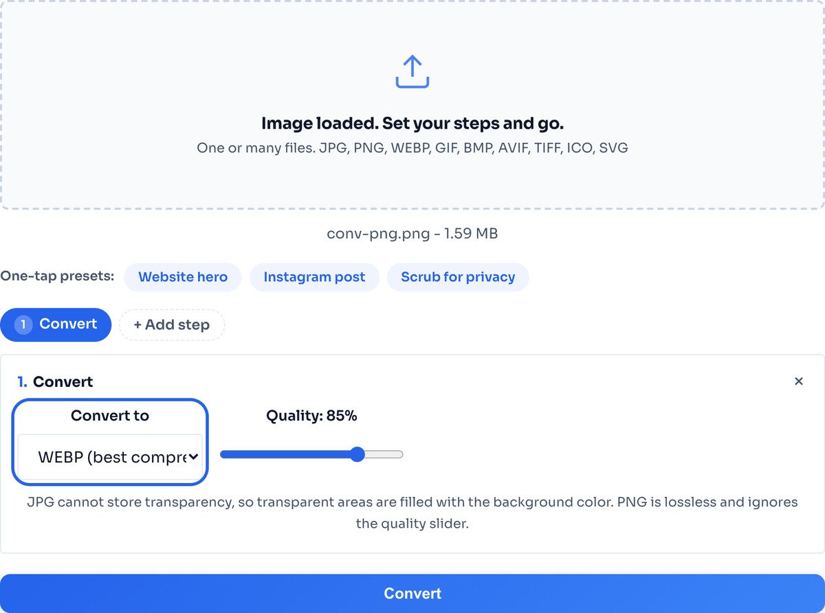 The output format selector with WEBP chosen and highlighted