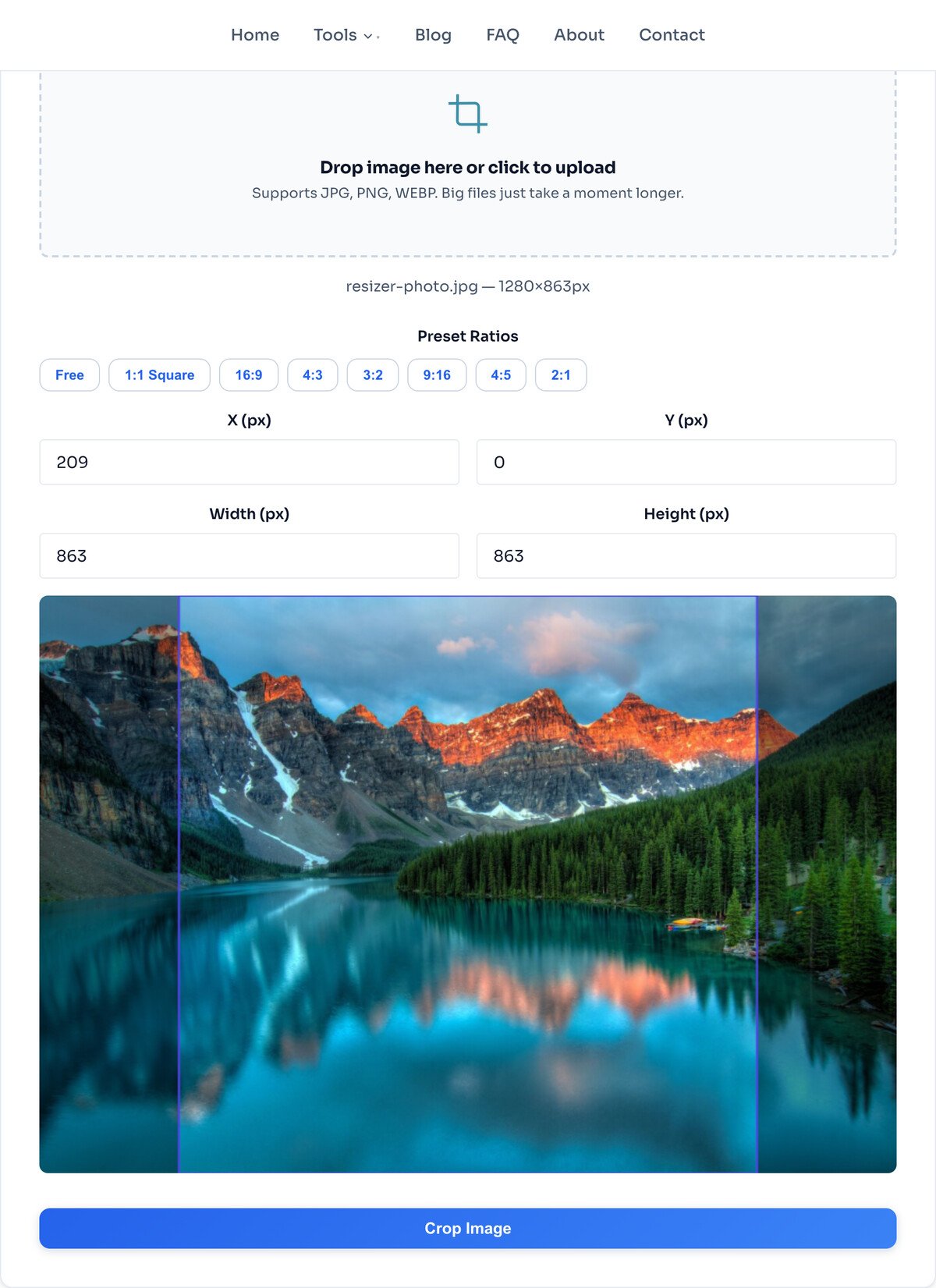 The crop editor showing preset ratios, X/Y/width/height fields set to an 863 by 863 square, and the crop selection over a mountain lake photo