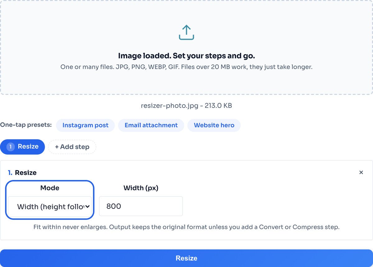 Width set to 800 pixels with the resize mode panel highlighted