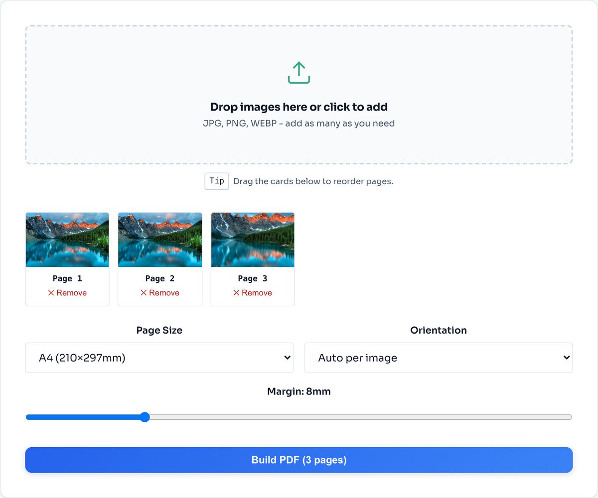 The image to PDF tool with three photos queued as Page 1, 2 and 3, plus page size, orientation and margin controls and a Build PDF button