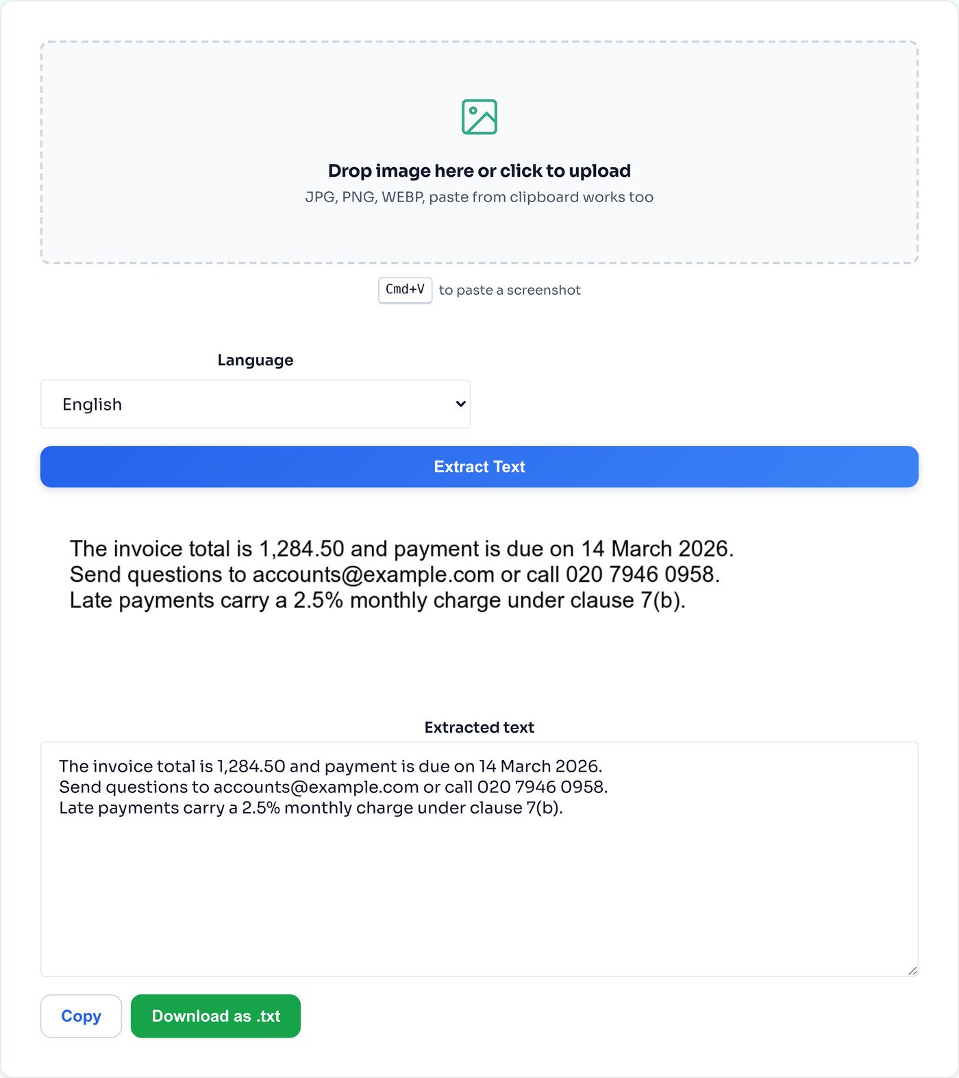The OCR tool showing a source screenshot of an invoice paragraph above a text box containing the identical extracted text