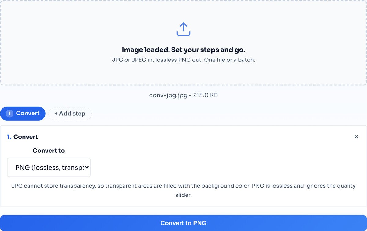 The JPG to PNG converter with a 213 KB JPG loaded