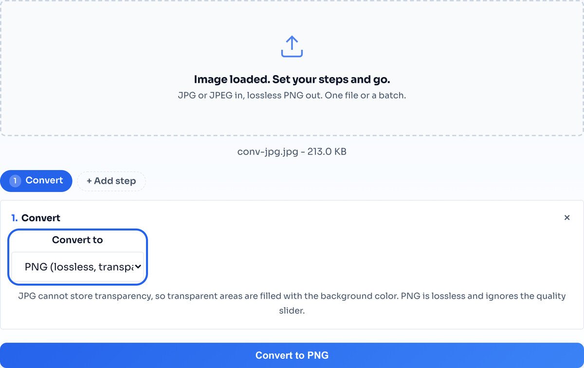 The convert panel set to PNG output, highlighted