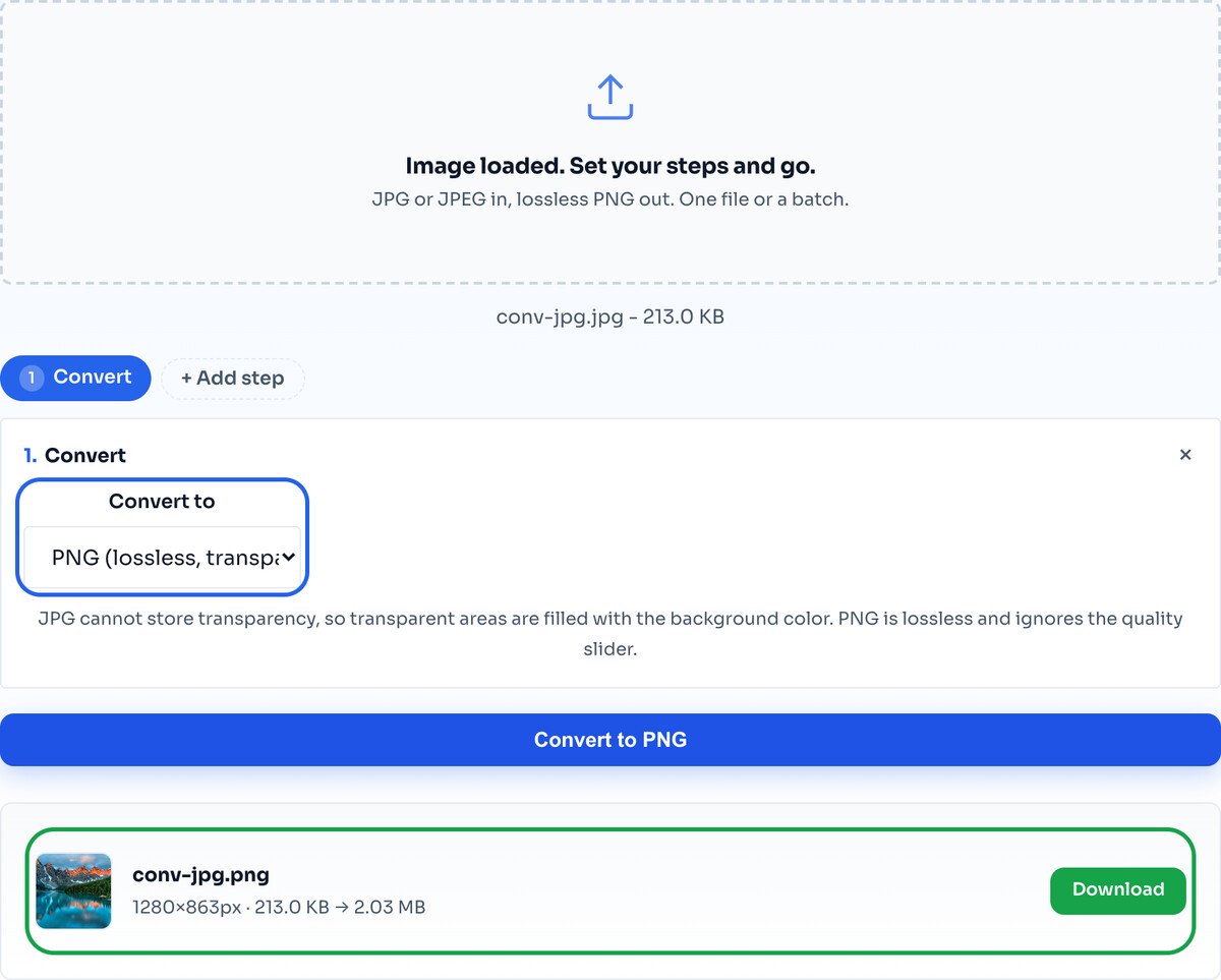 The result row showing a 213 KB JPG became a 2.03 MB PNG
