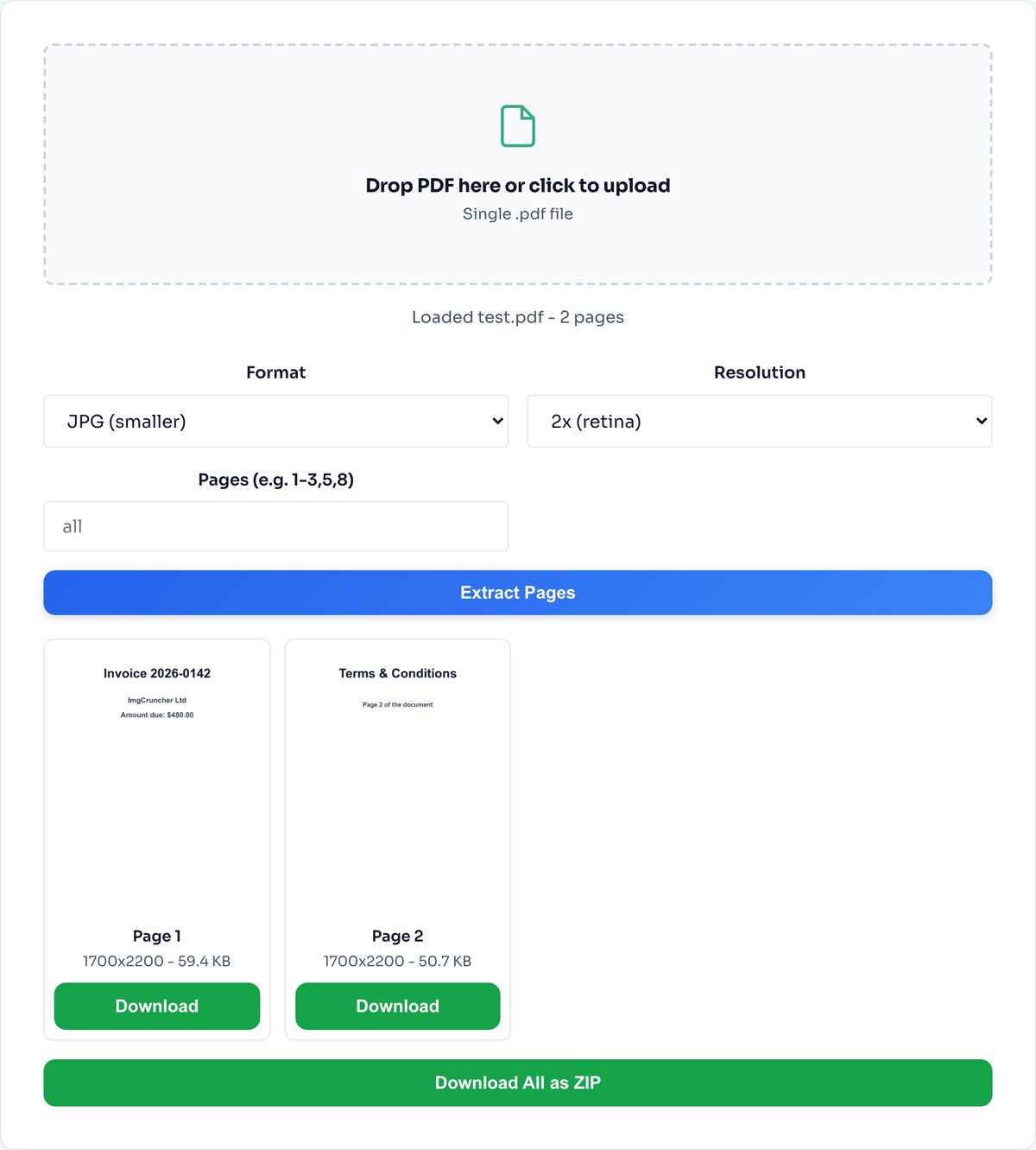 The PDF to JPG tool with a two-page PDF loaded, showing both pages extracted as images with individual download buttons and a download all as ZIP button