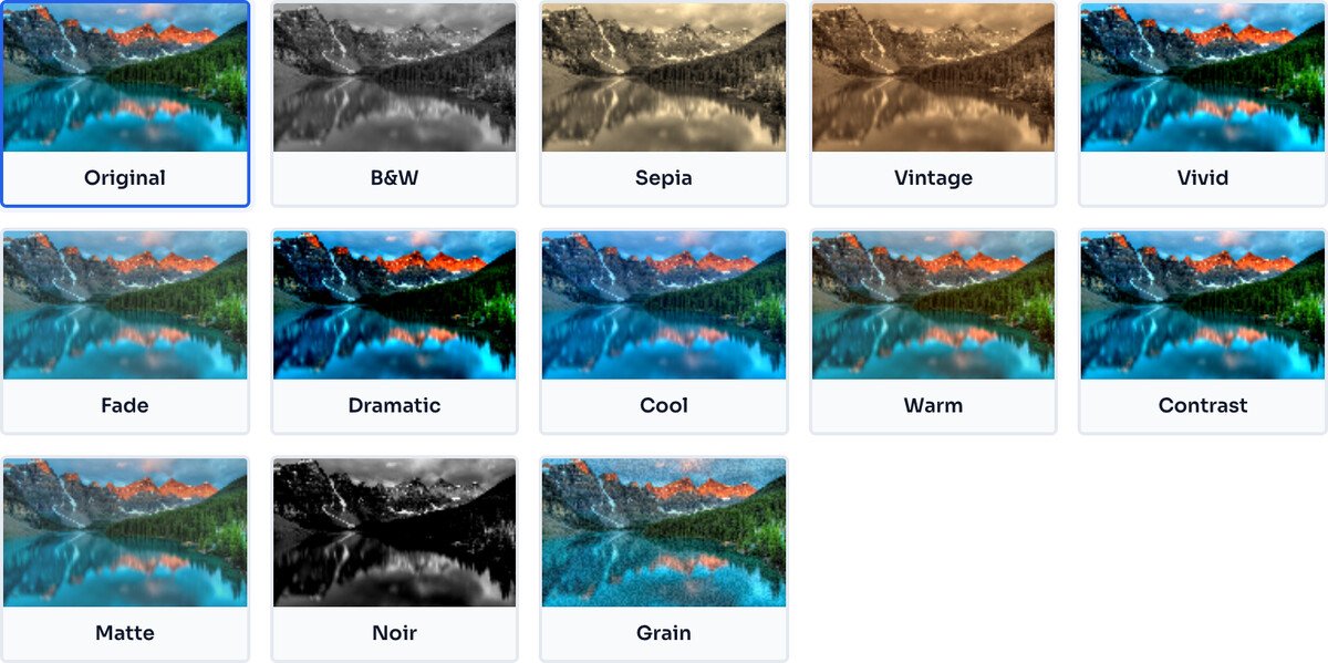 Thirteen filter thumbnails of the same lake photo: Original, B&W, Sepia, Vintage, Vivid, Fade, Dramatic, Cool, Warm, Contrast, Matte, Noir and Grain