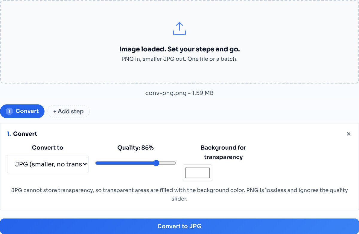 The PNG to JPG converter with a 1.59 MB PNG loaded