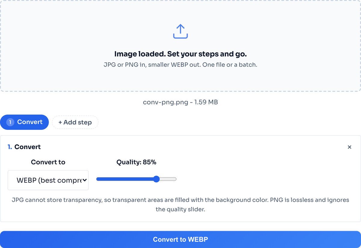 The WEBP converter with a 1.59 MB PNG loaded